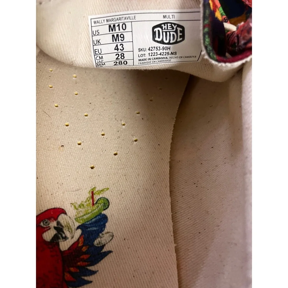 Hey Dude Wally Margaritaville Mens Size 10 Tropical Parrot Print Loafers